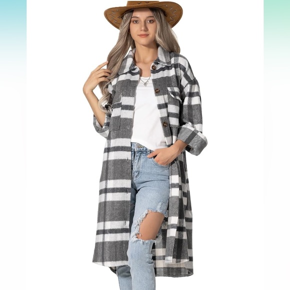 Skikyan Jackets & Blazers - Flannel Oversized grey white Button Down coat XL
